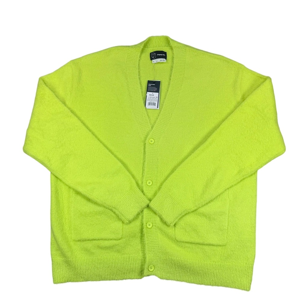 Original Use Mens L Neon Green Recycled Polyester Oversized Cardigan Sweater NWT